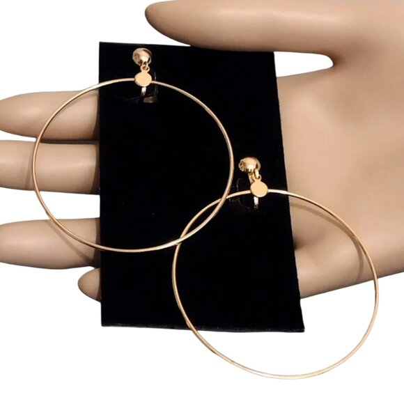 2 3/4 Inch 70mm Hoop Clip On Earrings Gold Tone 57mm Wide Ring - Picture 3 of 4